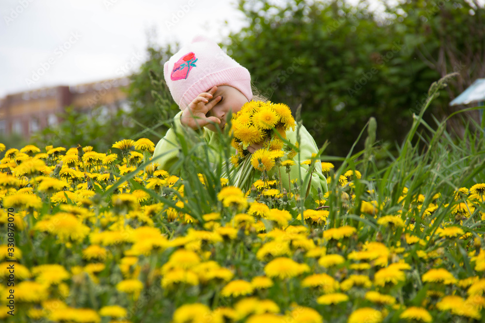 Little girl in a cap collects yellow dandelions in a clearing