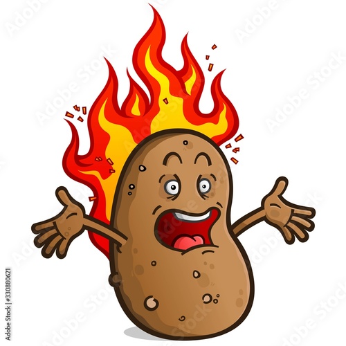 A hot potato cartoon character screaming while burning with hot fire