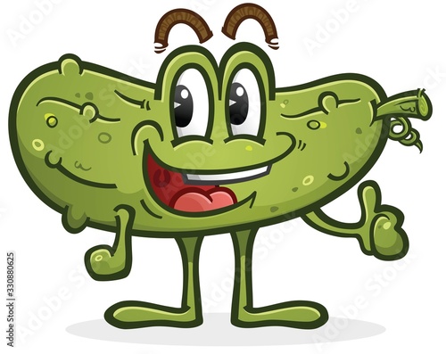 A happy smiling green pickle cartoon mascot giving an enthusiastic thumbs up of approval 