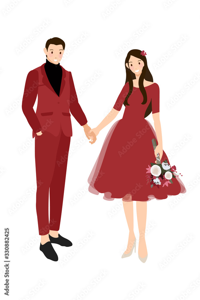 Chinese wedding couple in traditional red dress holding hands eps10 vectors illustration Chinese wedding couple in traditional red dress holding hands eps10 vectors illustration