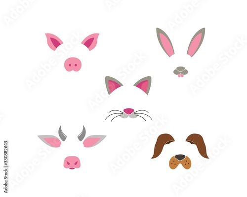 Animal face dog,rabbit,cow,pig,cat elements set. Vector illustration. Animal character ears and nose. Video chart filter effect for selfie photo