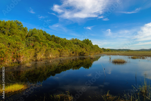 landscape with lake and blue sky