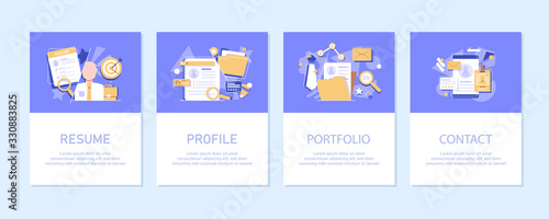 Concept Human Resources, Recruitment for web page, banner, presentation, social media, documents, cards, posters. Vector illustration filling out resumes, hiring employees, people fill out the form