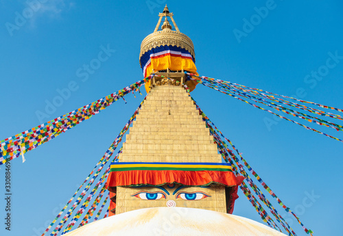 The Buddha eyes of Boudhanath Stupa the largest stupas in the world located in Kathmandu the capital city of Nepal.