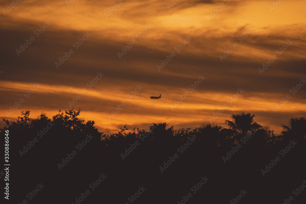 airplane landing over a beautiful sunset airplane landing over a beautiful sunset
