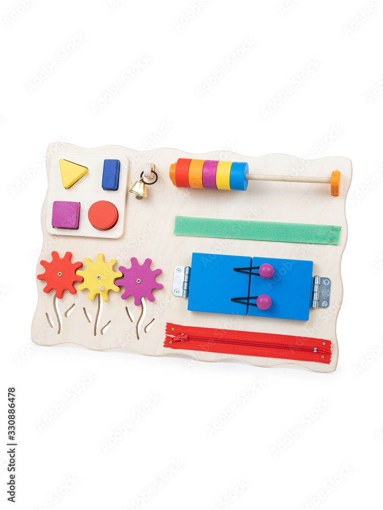 Wooden toy busybord for little kids up to 1 year: multi-colored doors with a latch, wooden maze, zipper for clothes fasteners, bell, multi-colored buttons, gears Wooden toy busybord for little kids up to 1 year: multi-colored doors with a latch, wooden maze, zipper for clothes fasteners, bell, multi-colored buttons, gears
