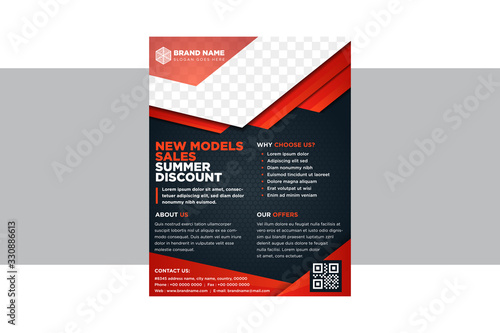 Vector vertical layout design template for Leaflet, Poster, Flyer, Pamphlet, Brochure with photo sample and orange black color scheme, template in A4 size. Hexagon pattern with space for photo.