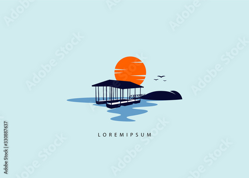 Lake dock lift logo template, dock lift sunset illustration