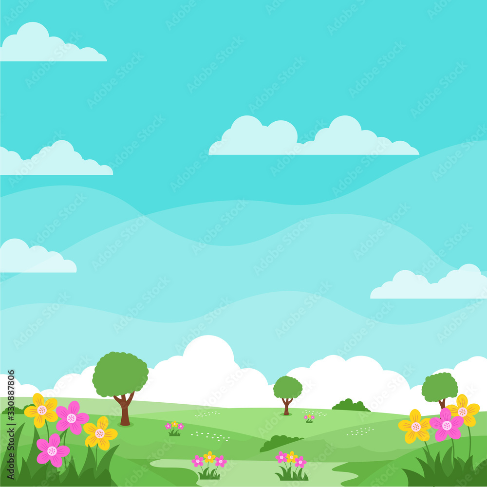 Nature landscape vector illustration in cute cartoon style with flowers, trees and bright sky suitable for kids background 