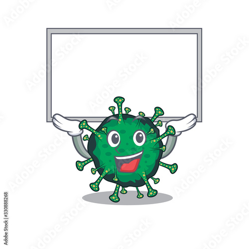 Happy cartoon character of bat coronavirus raised up board