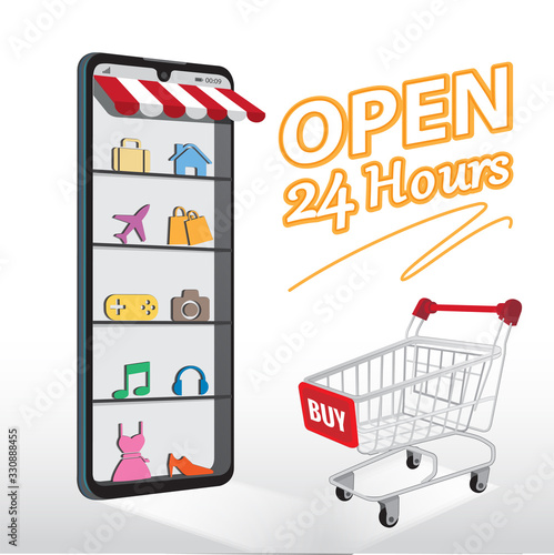 Mobile application for shopping, Online supermaket, Smartphone with shopping app.