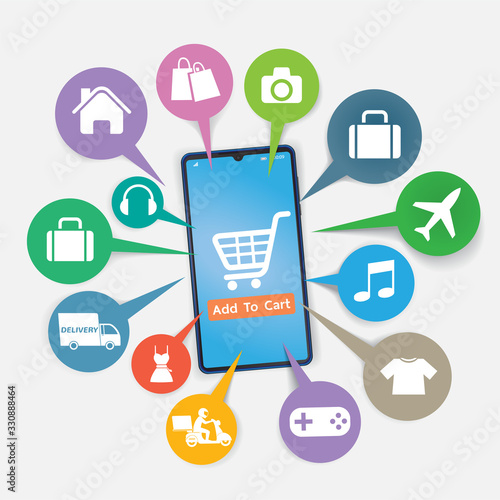 Mobile application for shopping, Online supermaket, Smartphone with shopping app.