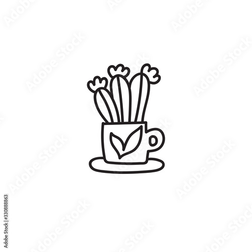 Cactus doodle illustration isolated on a white background. Home plant in pot. Hand-drawn line illustration. Can be used to colouring book.
