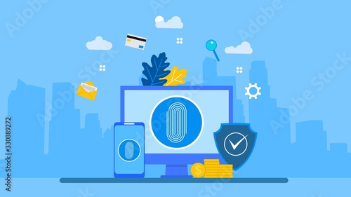 Fingerprint screening security system concept. Digital touch scan identification or electronic sensor authentication.Suitable For web landing page,Wallpaper, Background,banner,Book Illustration.