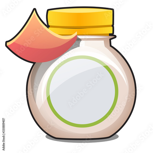 Plastic jar with a blank label isolated on white background. Vector cartoon close-up illustration.