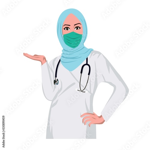 Beautiful Muslim Doctor Nurse Wearing Hijab and Mask Anti Coronavirus Covid 19. Flat Design Vector Illustration