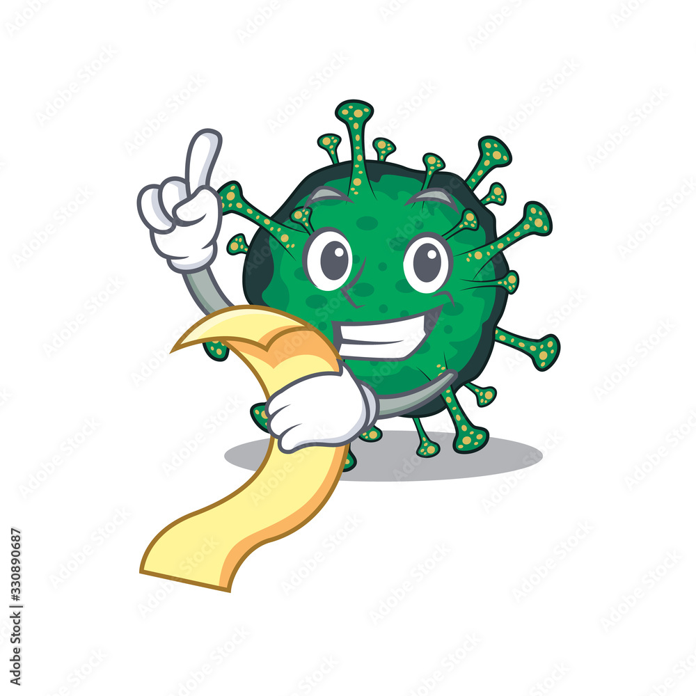 cartoon character of bat coronavirus holding menu ready to serve