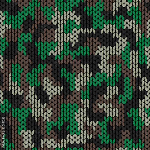 Stylish knitted military camo. Green wool camouflage pattern . Seamless texture. Design for fabric printing. Vector background