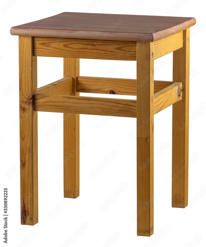 Wooden stool isolated on white. Pine wood stool chair. Wooden stool isolated on white. Pine wood stool chair.