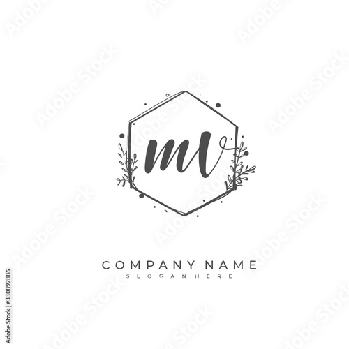 Handwritten initial letter M V MV for identity and logo. Vector logo template with handwriting and signature style.