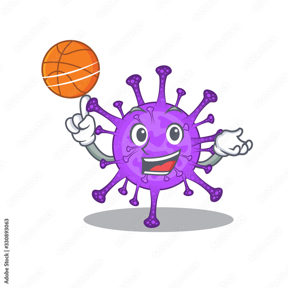 Fototapeta premium A sporty bovine coronavirus cartoon mascot design playing basketball