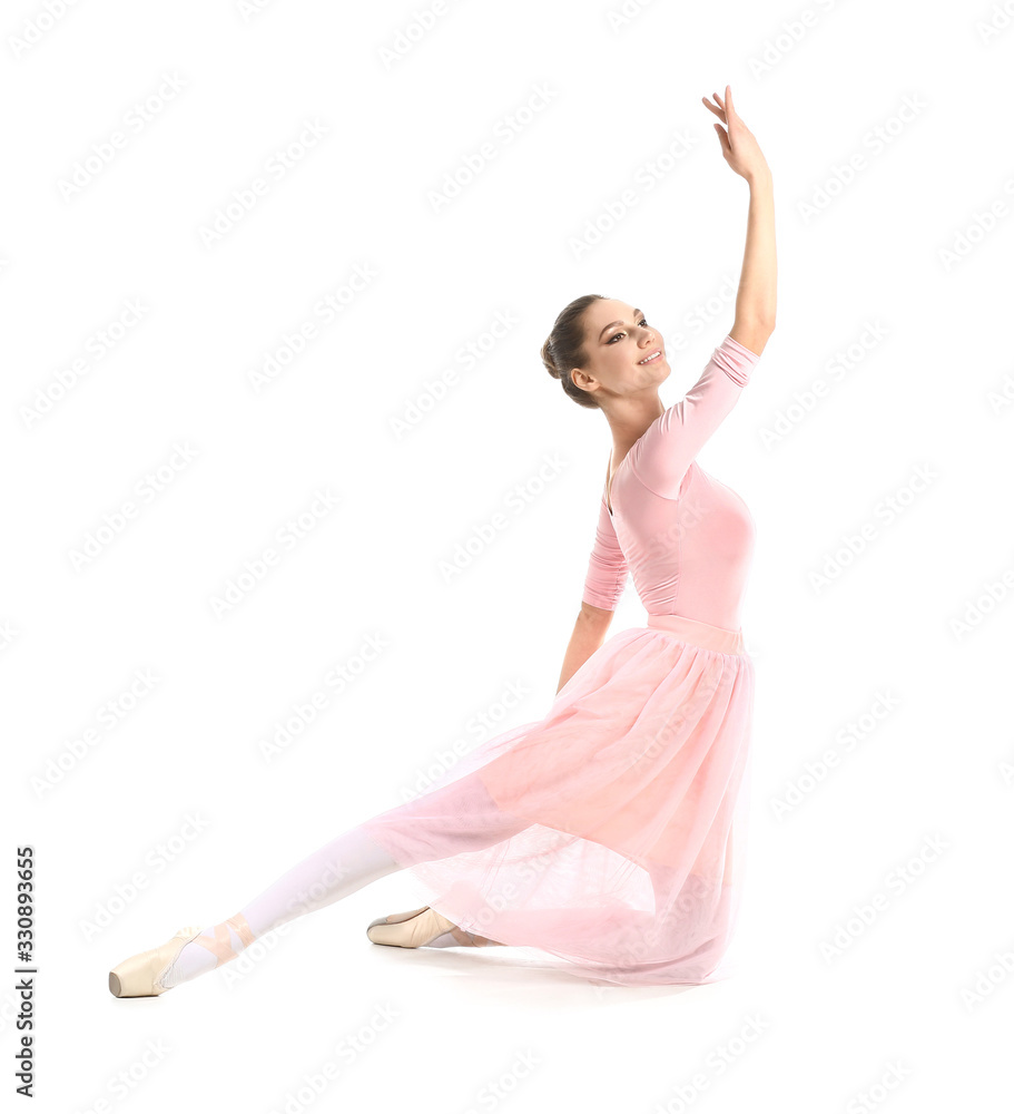 Beautiful young ballerina on white background - obrazy, fototapety, plakaty 
