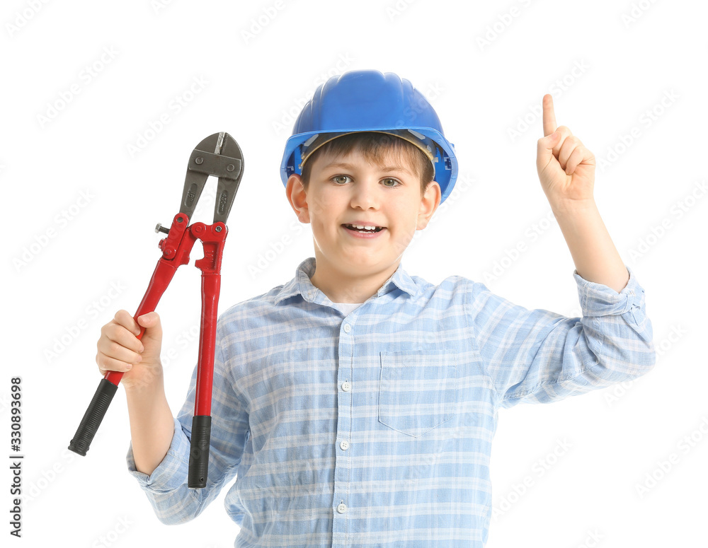 Cute little builder with raised index finger on white background Cute little builder with raised index finger on white background