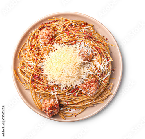 Plate with tasty pasta and cheese on white background