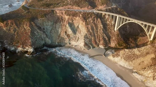 Bixby Creek Bridge, Big Sur California, Panoramic Aerial View of Arch and State Route One