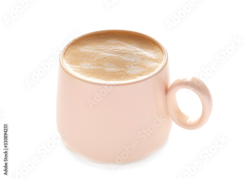 Cup of tasty cappuccino on white background