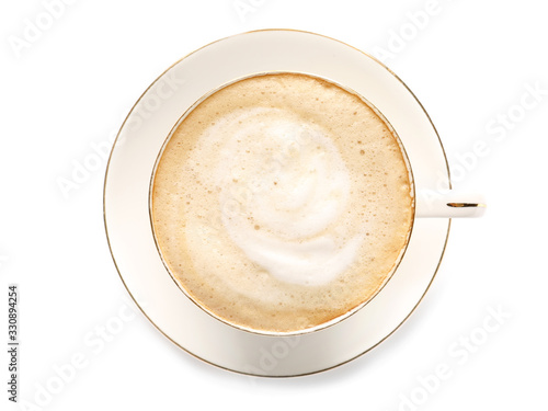 Cup of tasty cappuccino on white background