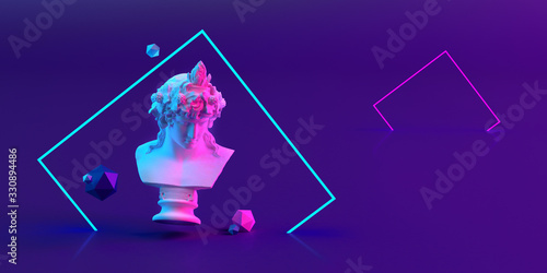 3d-illustration of sculpture and primitive objects on violet background photo
