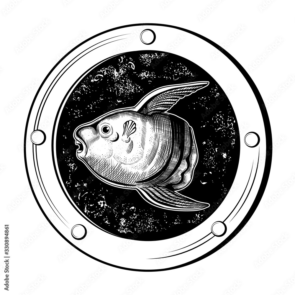 Fish moon In A Round Window Porthole Vector Black And White Picture In fish-moon-in-a-round-window-porthole-vector-black-and-white-picture-in