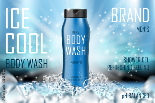 Cooling men body wash gel with ice cubes elements. Realistic body wash ad for cosmetic advertising poster design. 3d vector illustration