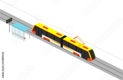 The movement of a modern tram. Stop and route schedule. Isometry Vector illustration on a white background.