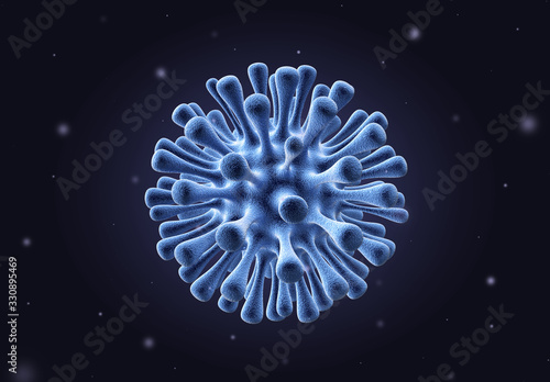 Coronavirus 2019-nCov asian flu SARS outbreak and coronaviruses influenza dangerous virus pandemic china pathogen respiratory. Microscope virus close up. 3d medical illustration