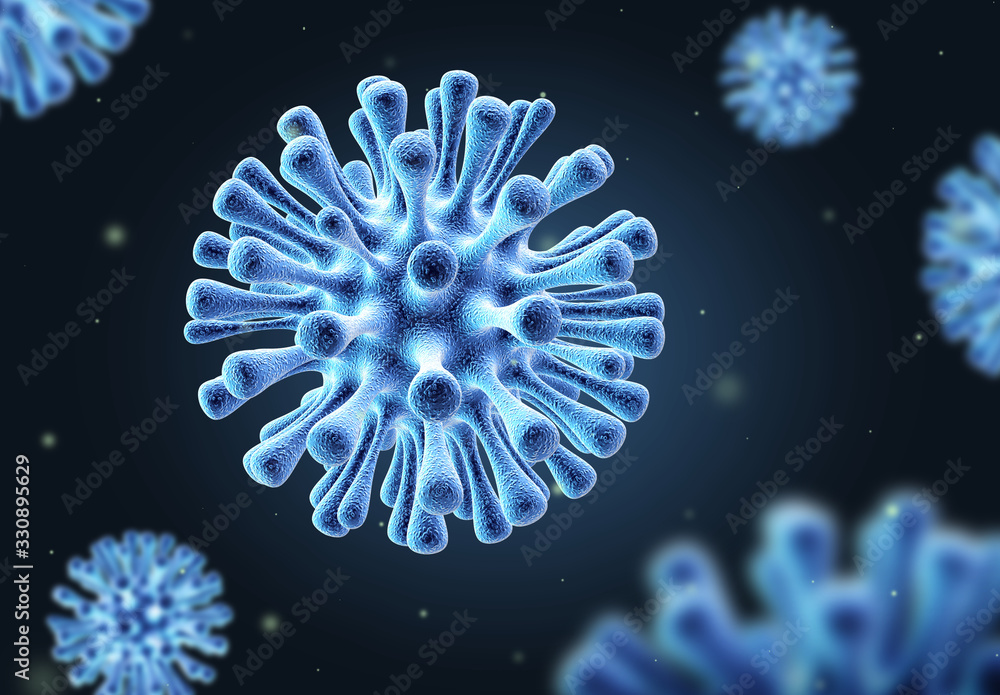 Obraz premium Coronavirus 2019-nCov asian flu SARS outbreak and coronaviruses influenza dangerous virus pandemic china pathogen respiratory. Microscope virus close up. 3d medical illustration