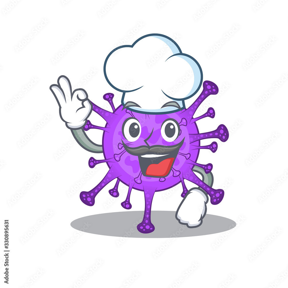 Cute bovine coronavirus cartoon character wearing white chef hat