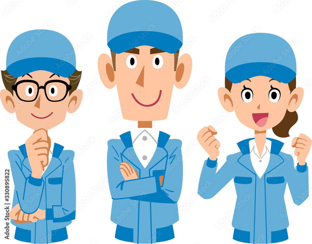 青い制服を着た3人の若い作業スタッフ_上半身 青い制服を着た3人の若い作業スタッフ_上半身