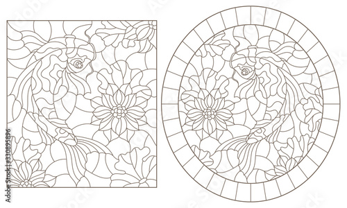 A set of contour illustrations of stained glass Windows with koi carp fishes on Lotus flowers   dark contours on a white background