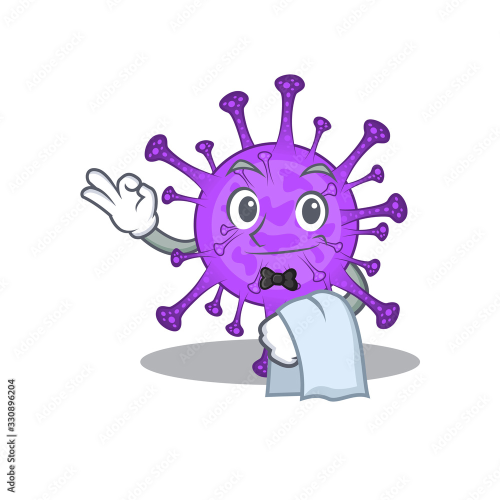 A design of bovine coronavirus cartoon character working as waiter A design of bovine coronavirus cartoon character working as waiter