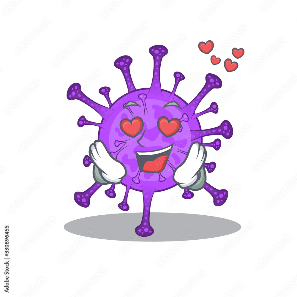 cute bovine coronavirus cartoon character showing a falling in love face
