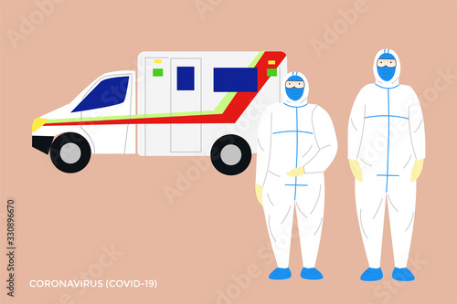 two paramedics are waiting for the patient in front of the ambulance car with a mask and complete corona virus equipment