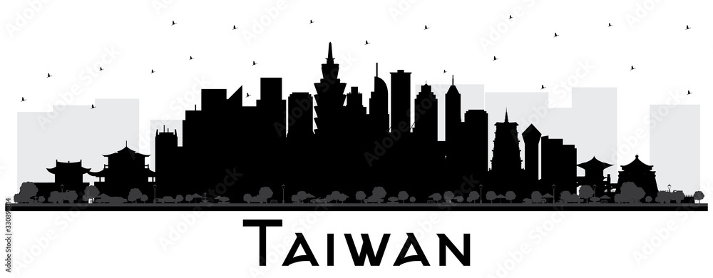 Taiwan City Skyline Silhouette with Black Buildings Isolated on White.