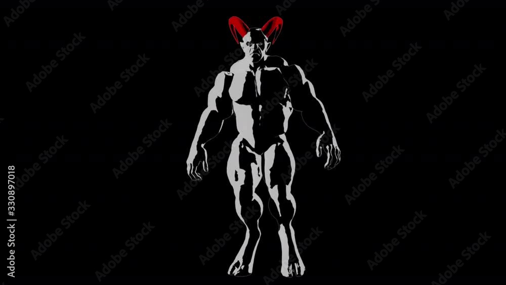 Seamless looping animation muscle powerful Demon, devil, imp character with horns in vanguard style walking forward with a bold walk with his head held high. With mask / alpha matte.