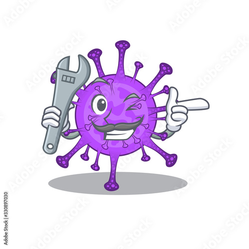 A picture of cool mechanic bovine coronavirus cartoon character design