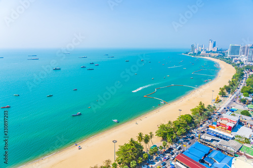 Beautiful tropical beach sea ocean bay and architecture building in Pattaya city Thailand