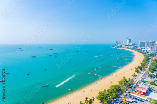 Beautiful tropical beach sea ocean bay and architecture building in Pattaya city Thailand