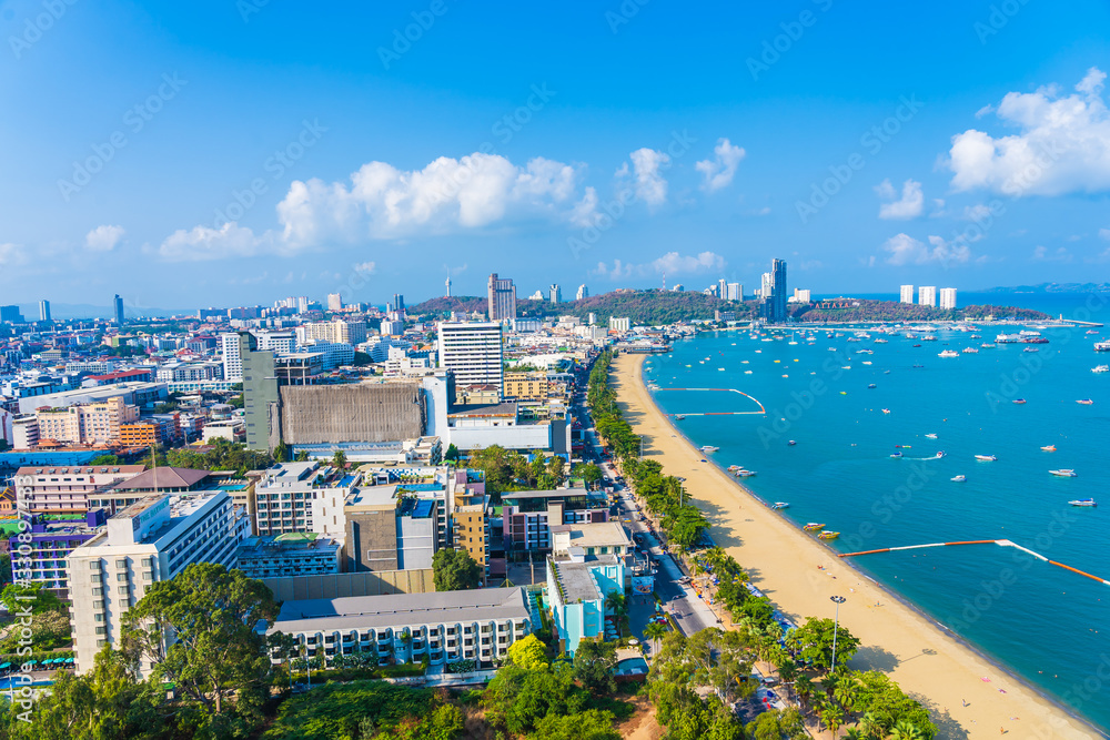 Beautiful tropical beach sea ocean bay and architecture building in Pattaya city Thailand - obrazy, fototapety, plakaty 