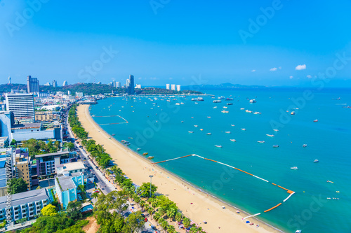 Beautiful tropical beach sea ocean bay and architecture building in Pattaya city Thailand